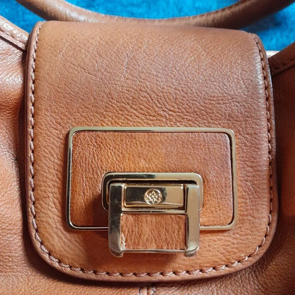 Antonio Melani Tan Leather Satchel Handbag with Gold Hardware Width 12in.
